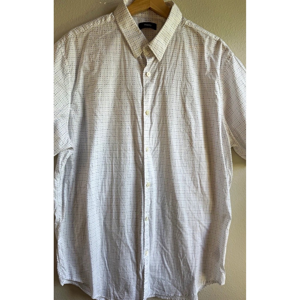 Theory Mens XL Short Sleeve Button Up Shirt Geometric White Blue Cotton Blend
